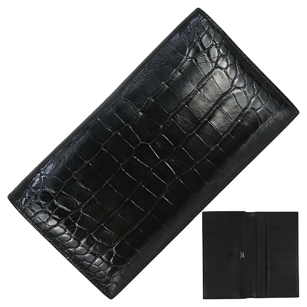 Used HERMES エルメス MC2 フレミング アリゲーター リセ ノワール □Q刻印 メンズ長財布 中古良品