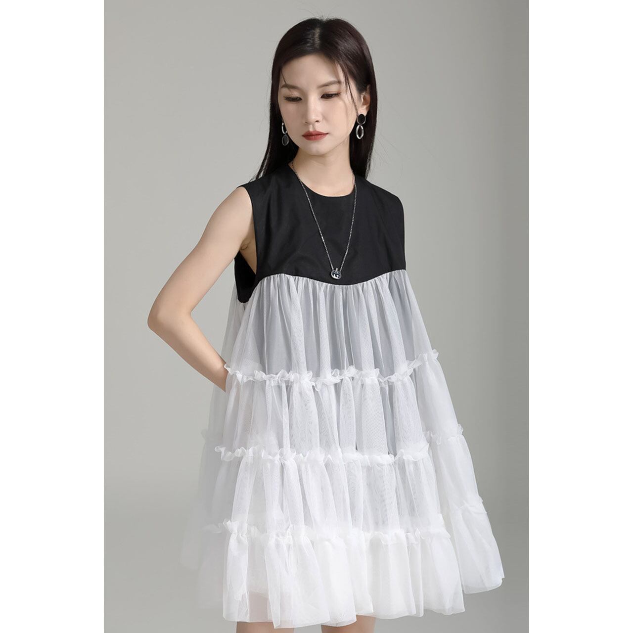 Tulle Tiered Sleeveless Long Blouse