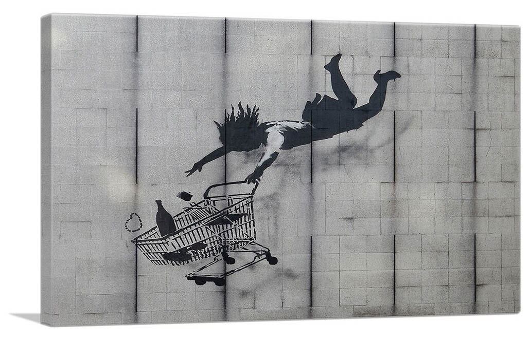 バンクシー「ショップ ティル ユー ドロップ/Shop Till You Drop」展示用フック付きキャンバスジークレ