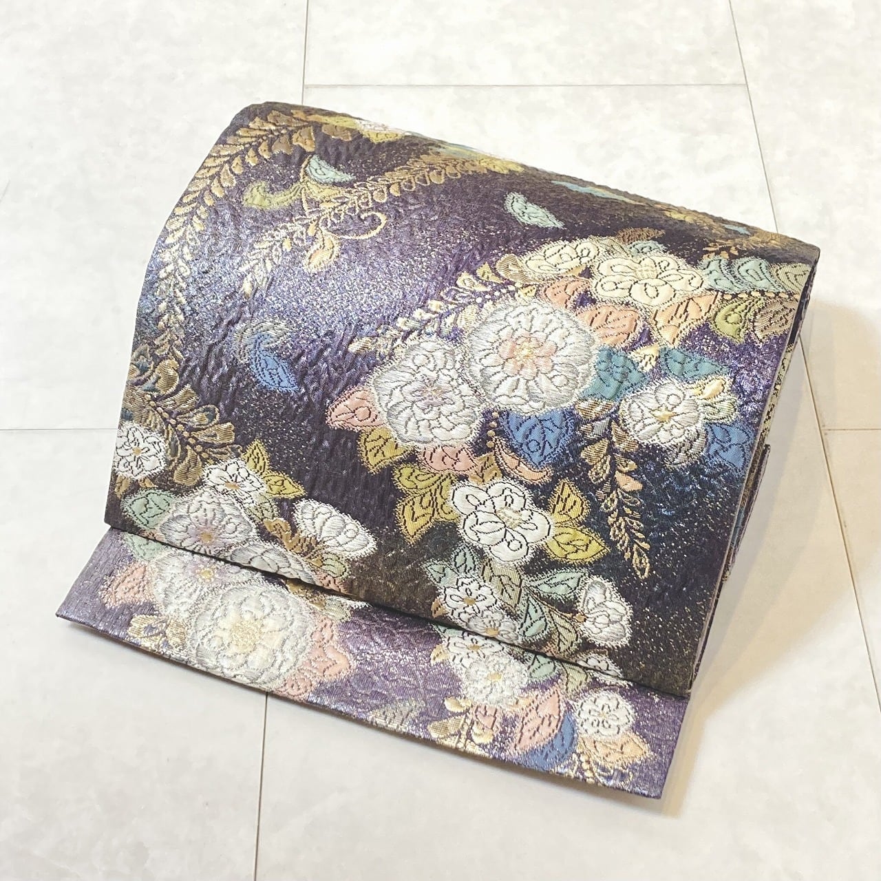 唐織り 花づくし ヱ霞 袋帯 正絹 金糸 白 ピンク 紫 パステルカラー