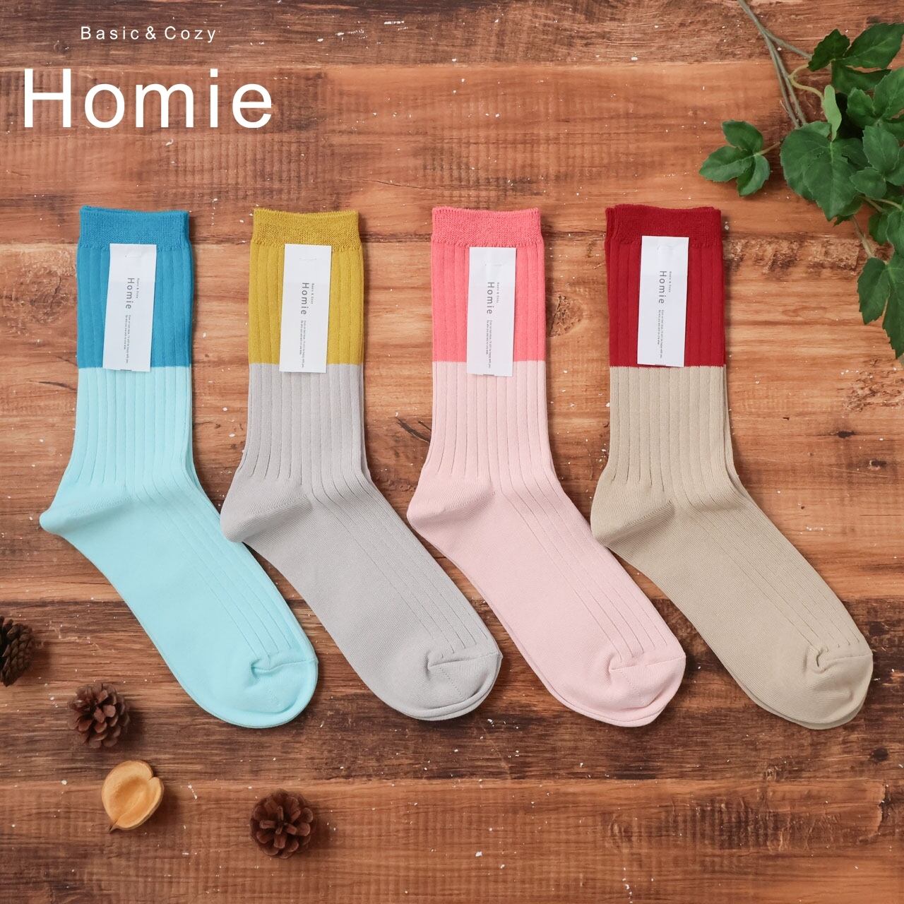 靴下 レディース 夏 おしゃれ バイカラー ソックス 薄手 綿 コットン バイカラーソックス 抗菌 防臭 ミドルゲージ オールシーズン 蒸れにくい 快適 Homie ホミー H-088 Hm057