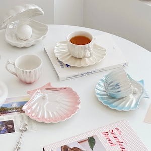 pearl shell cup saucer set 3colors / パール シェル カップ ソーサー セット コップ プレート 貝殻 韓国インテリア雑貨