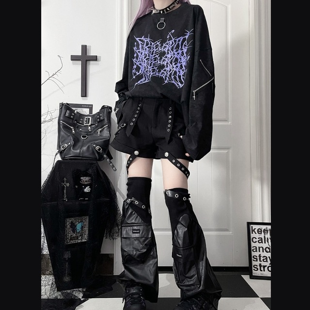 地雷系 病みかわ 鎖付き 3連バックル 十字架刺繍 長袖シャツ ジャケット サブカル パンク ゴシック ユニセックス