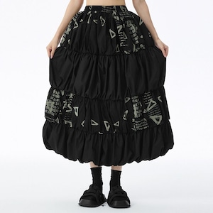 BLACK ELASTIC WAIST STITCH TIERED BALLOON SKIRT 1color M-14704