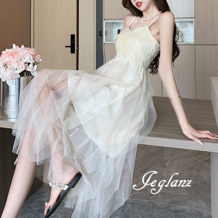 パーティドレス キャミ ワンピ 切替 ボリューム チュール シアー感 2色 ♪( M6399)