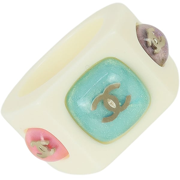 Used CHANEL シャネル ココマーク リング レジン ホワイト マルチカラー 06P 14号 指輪 中古美品