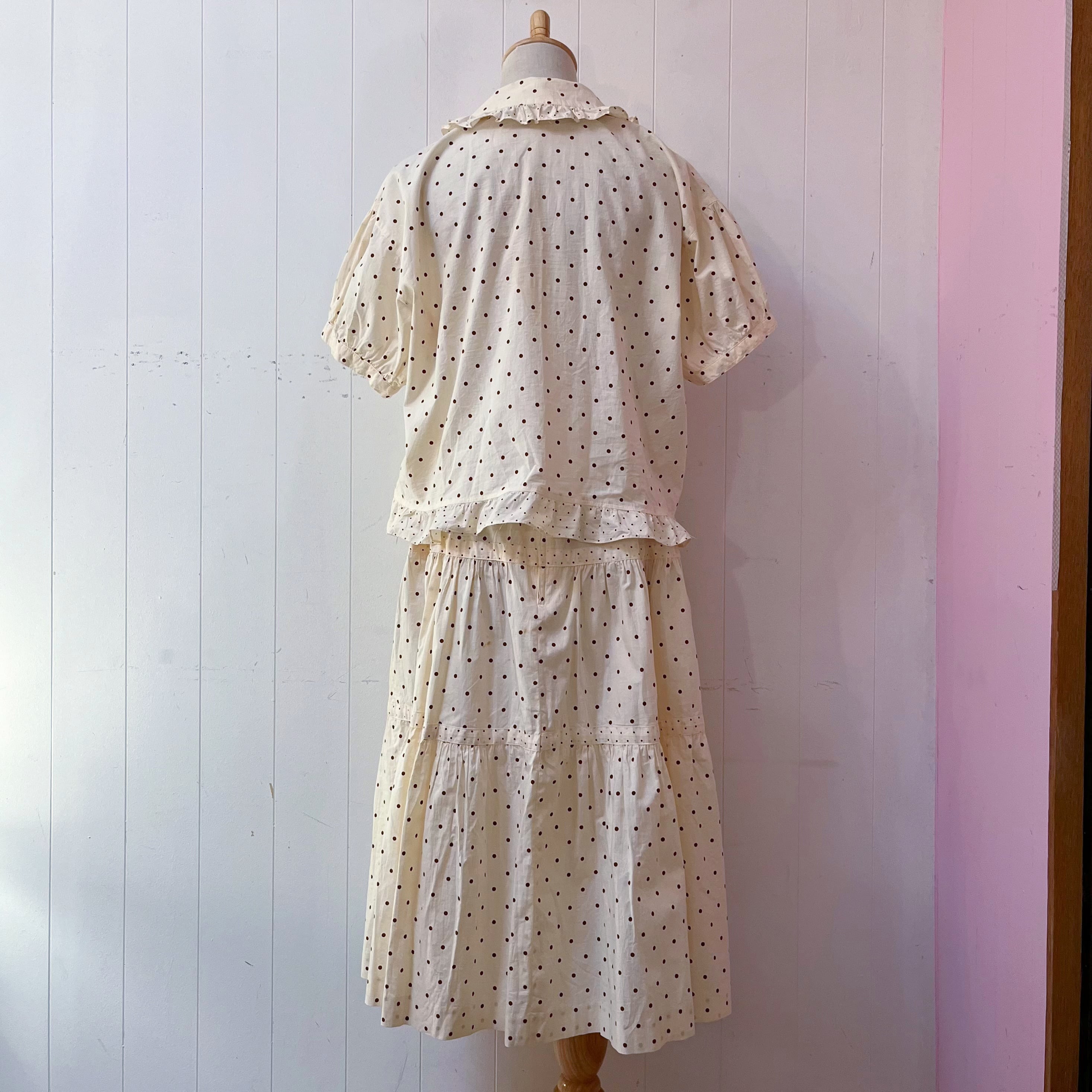 cream brown dot blouse & skirt set up