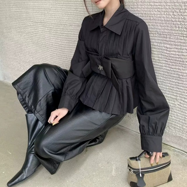 Big Ribbon Pleated Shirt 01430