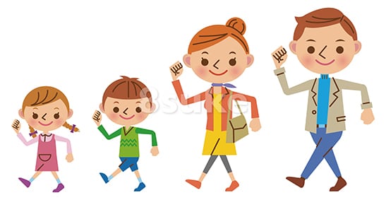 イラスト素材:元気に歩く4人家族(ベクター・JPG)