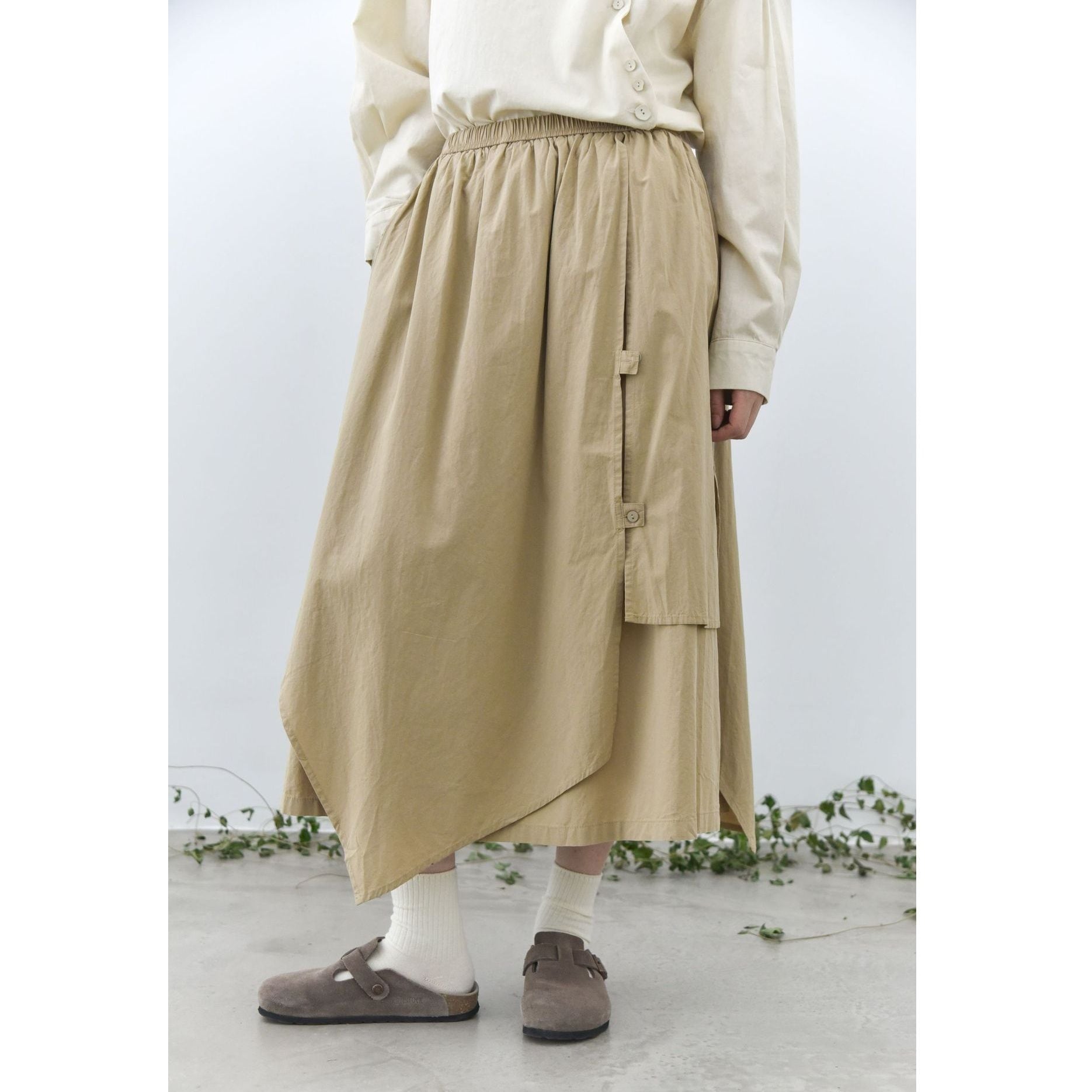 SOLID ELASTIC WAIST LONG COTTON DESIGN SKIRT 3colors M-16115