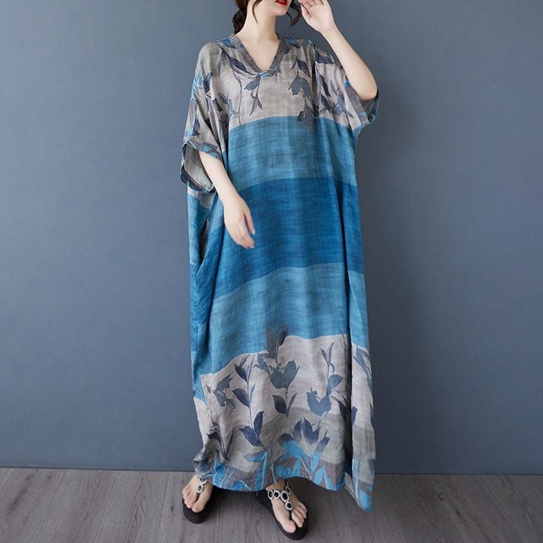 FLORAL V-NECK SHORT SLEEVE PANEL MAXI DRESS M-17879