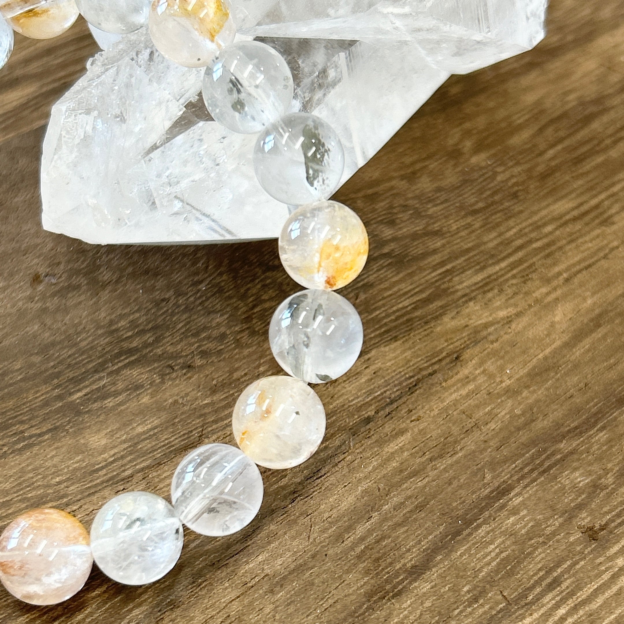 宝石入り】マーカサイト&ライモナイトインクォーツ♪9.5ミリ♪天然石