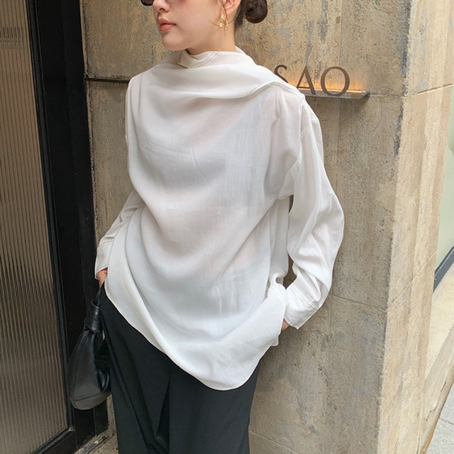 asymmetrical modal ribbon collar shirt