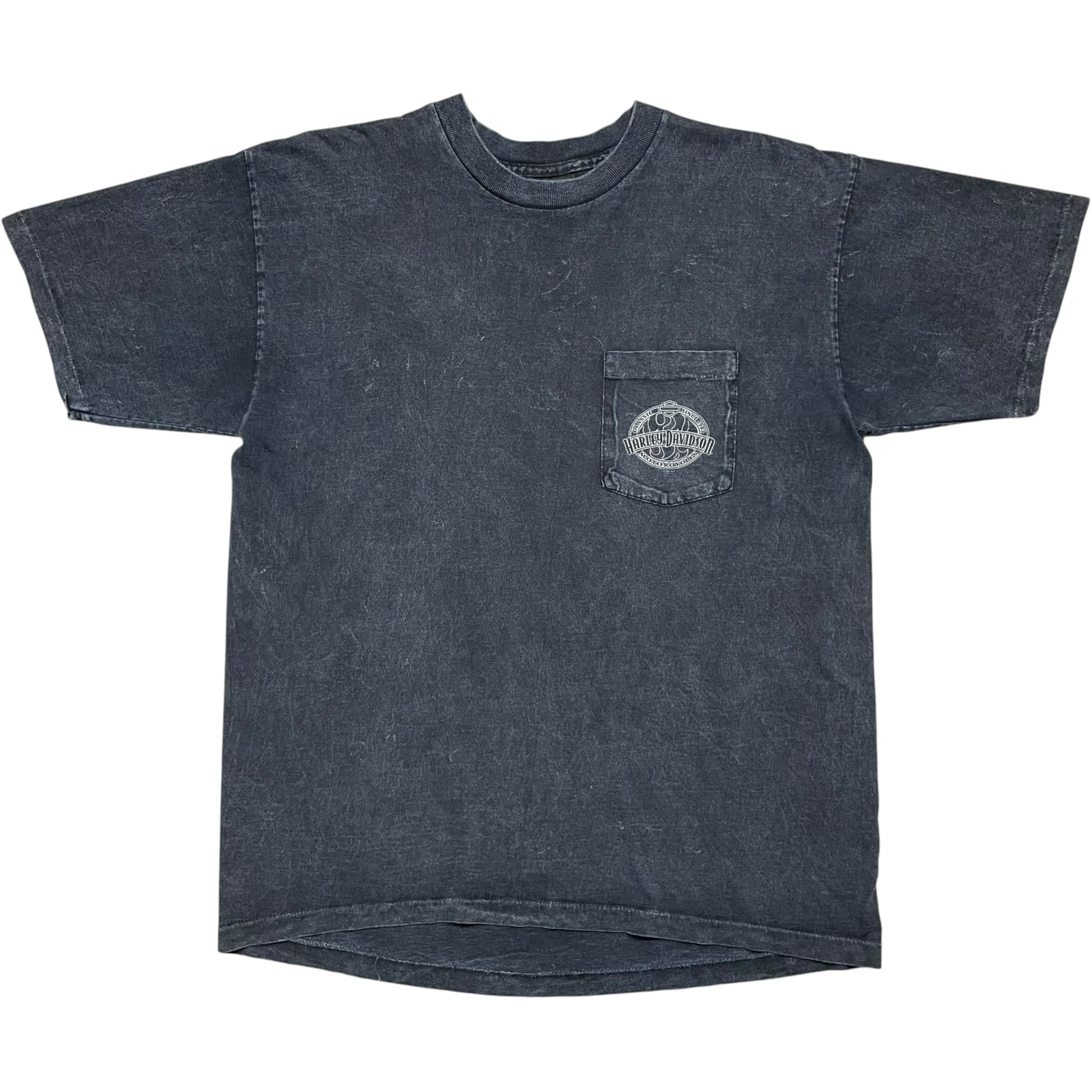 《M》 Harley-Davidson ハーレーダビッドソン Tシャツ ブラック プリントデザイン 左胸ポケット フェード USA製 90年代 vintage no.10059
