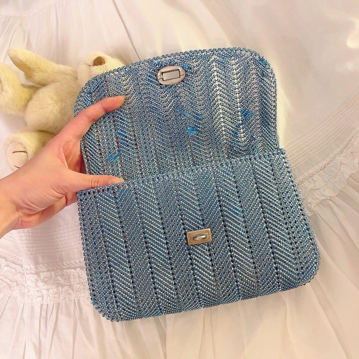 blue mesh mini clutch bag