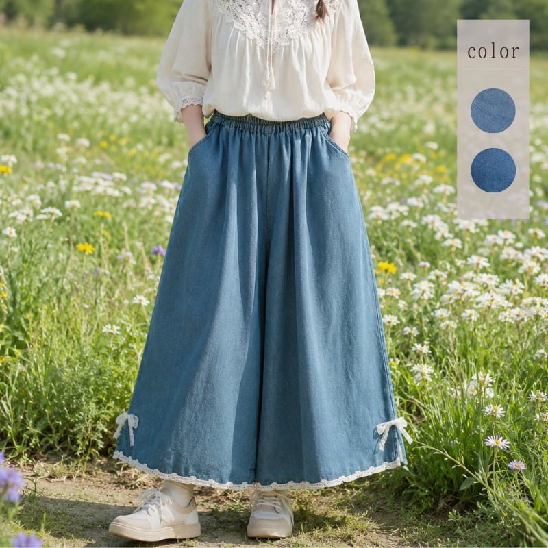 裾スカラップレースリボンワイドデニムパンツ W1852
