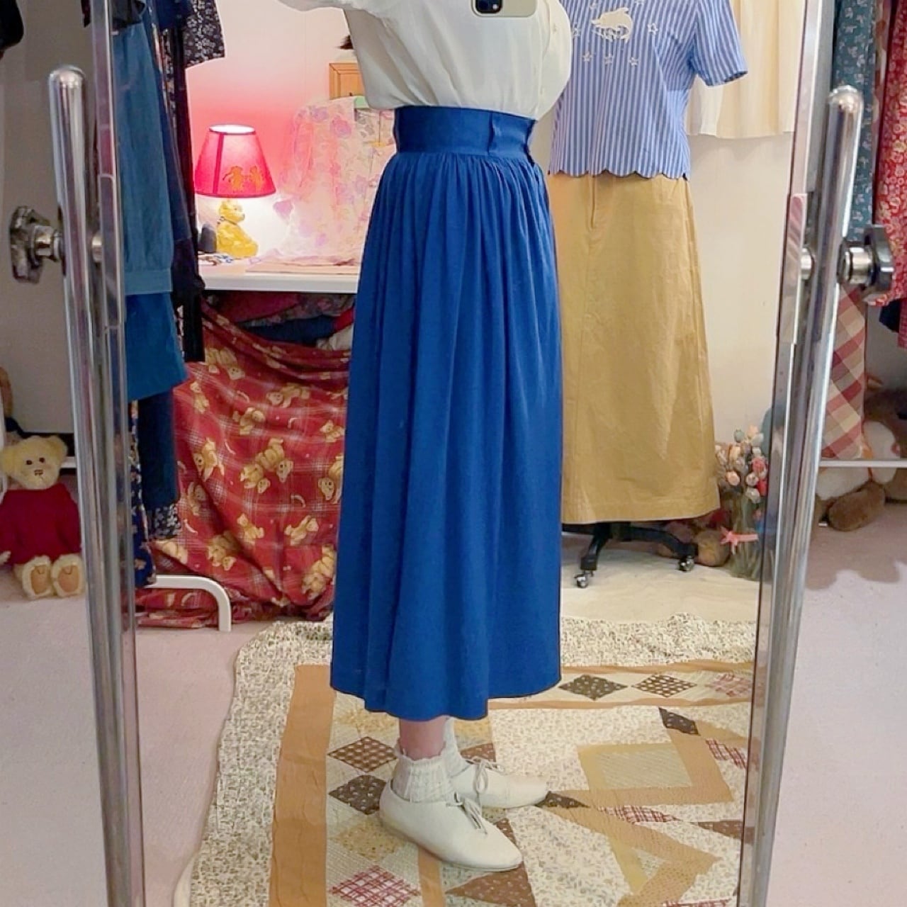 renoma / blue front button gather skirt
