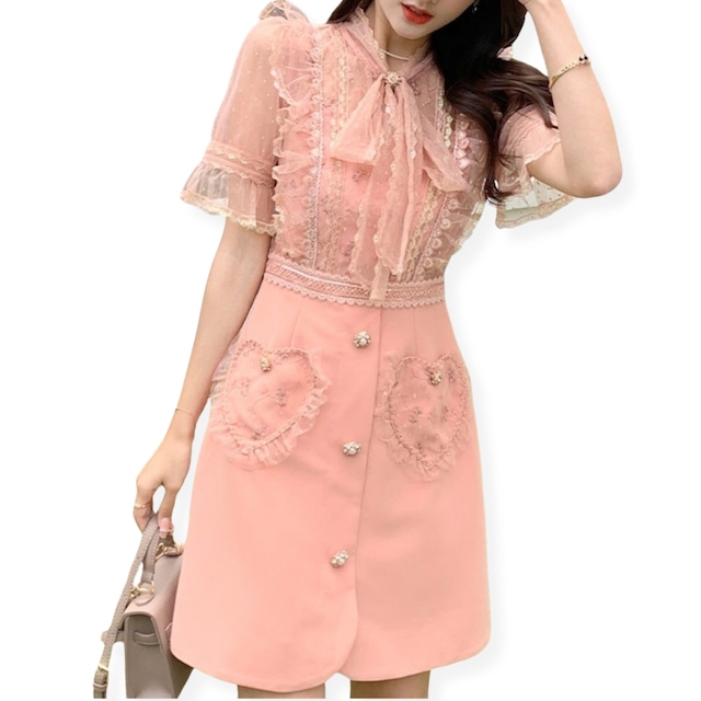 送料無料 ◇ D1986 リボン ハート ポケット ビジュー パール 送料無料 ◇ D1986 リボン ハート ポケット ビジュー パール