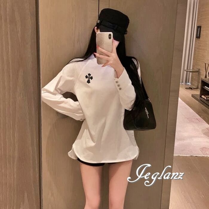 2色 クロス デザイン Tシャツ ロンT 袖ボタン ユニセックス(MD626)γα