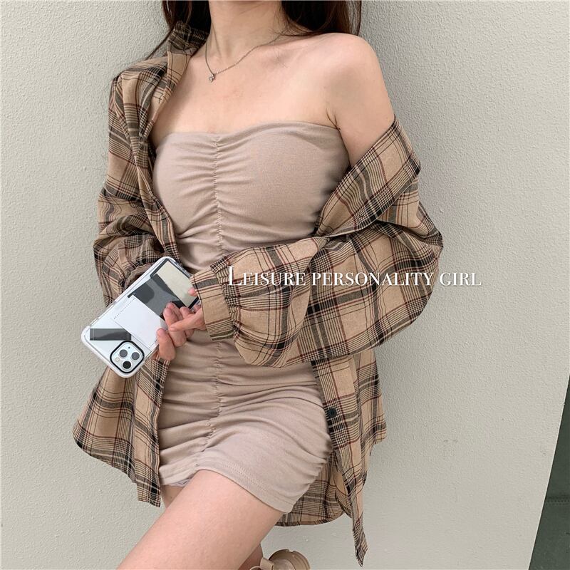 フランスのレトロな日焼け止めスーツの女性の夏のストラップレスドレス2020新しいルーズチェック柄シャツツーピーススーツ ブラックストロベリース59031640054