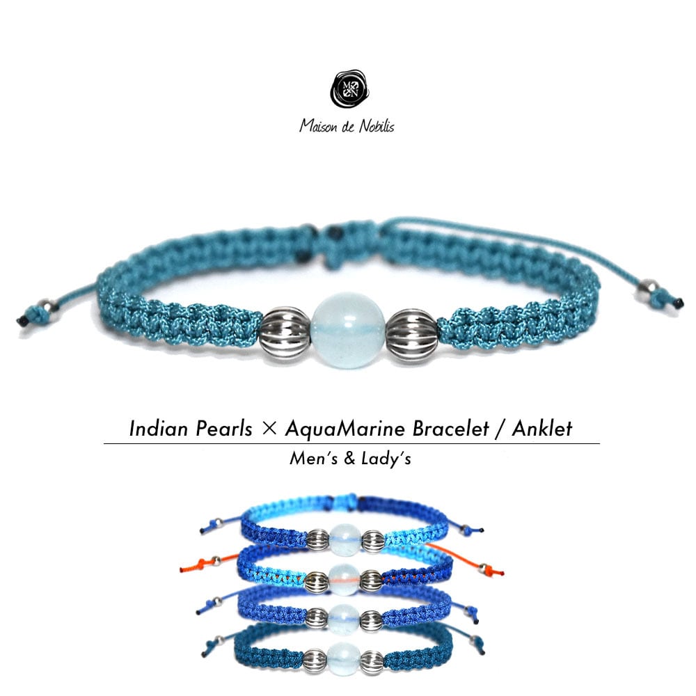 【高品質天然石アクアマリンを肌身離さずお風呂でも仕事でも24時間つけっぱなし!】Indian Pearls × Apuamarine Bracelet / Anklet【品番 26S2019】