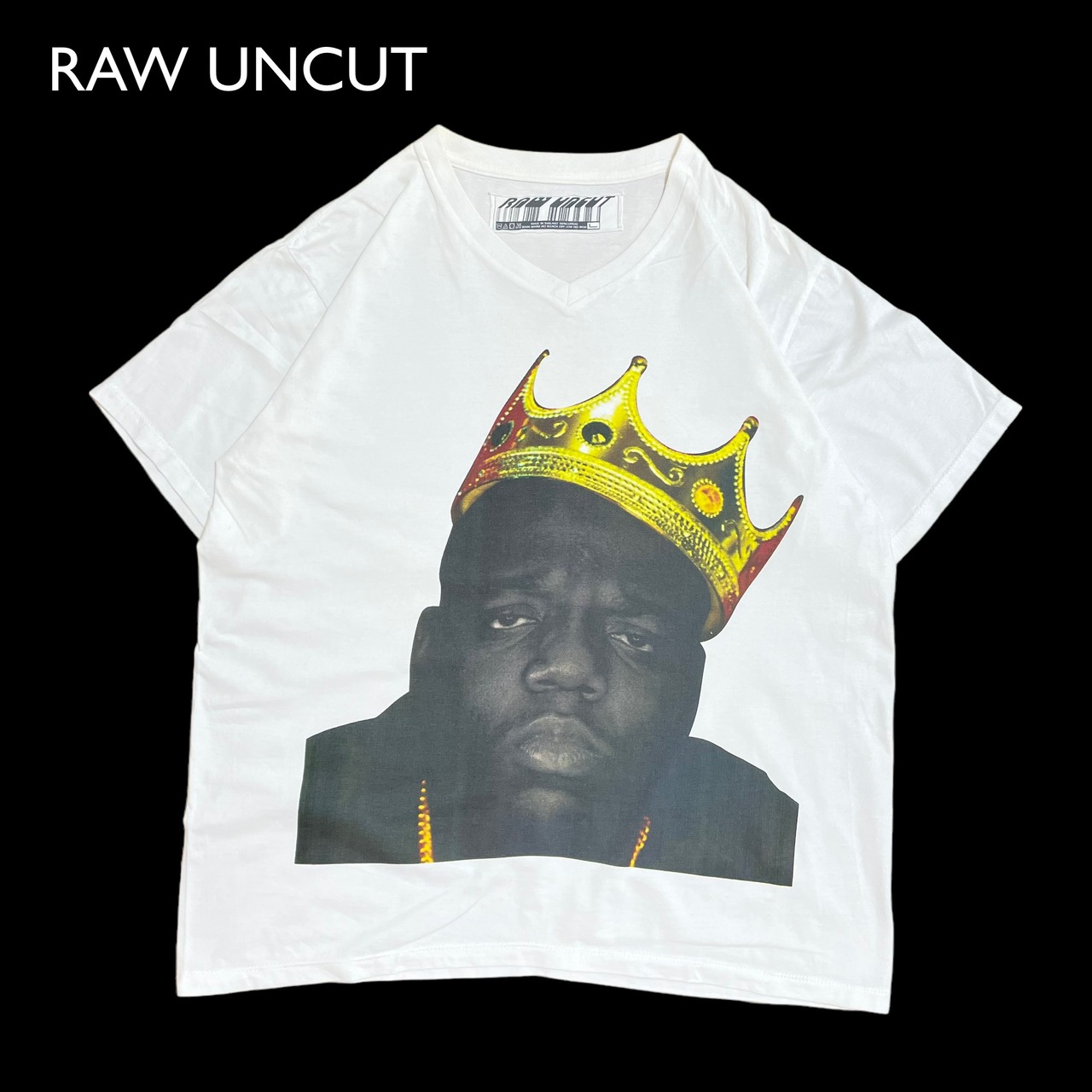 【RAW UNCUT】ノトーリアス・B.I.G ラップTシャツ ビギー フォトプリント 王冠 白t Vネック L 半袖 Notorious B.I.G US古着