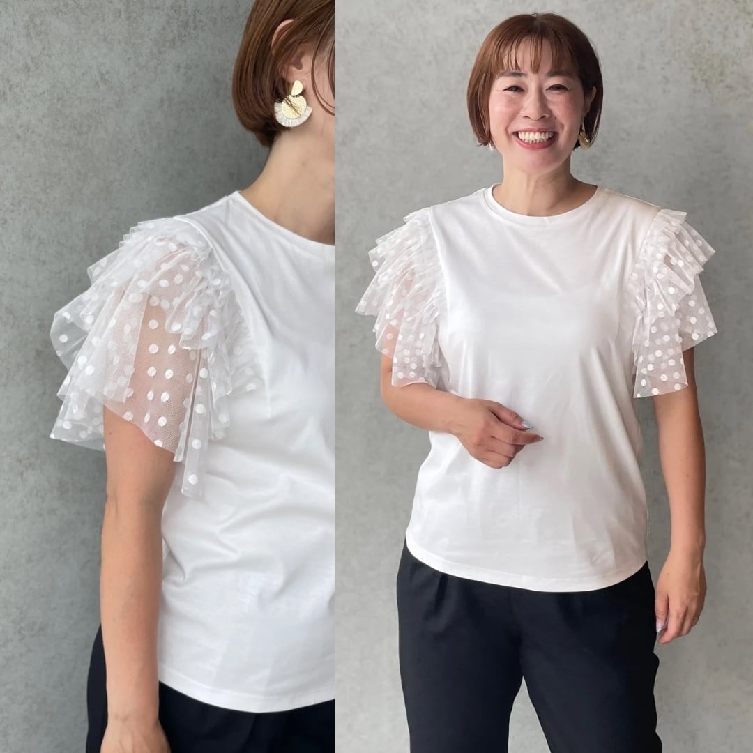 涼さら【ゆったり着痩せ】360℃大人可愛い♡ドットチュール袖コットンT