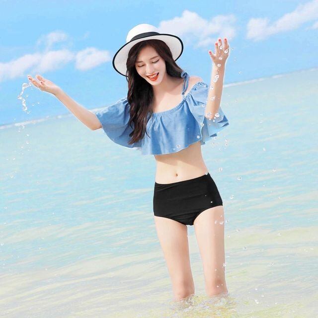 送料無料 水着 レディース ビキニ 2点セット ハイウエスト フリル 肩リボン ブルー フレア リゾート M/L/XL