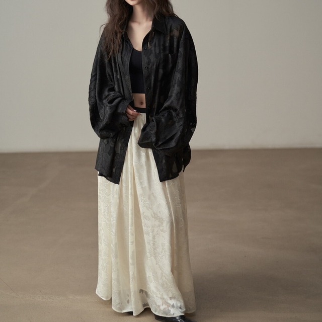 sheer jacquard loose blouse and long skirt　10896