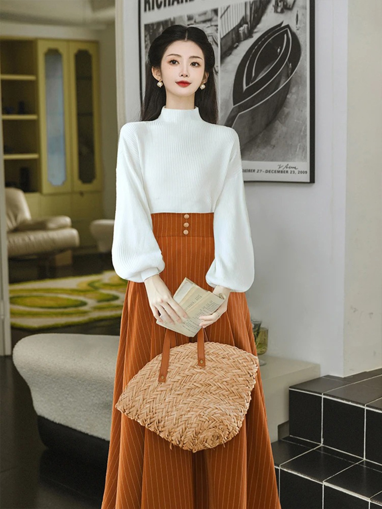 【0216】High Neck Elegant Modern Long Sleeve 2 Piece Set