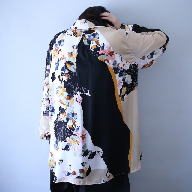 '"和" motif special flower art pattern fly-front see-through shirt