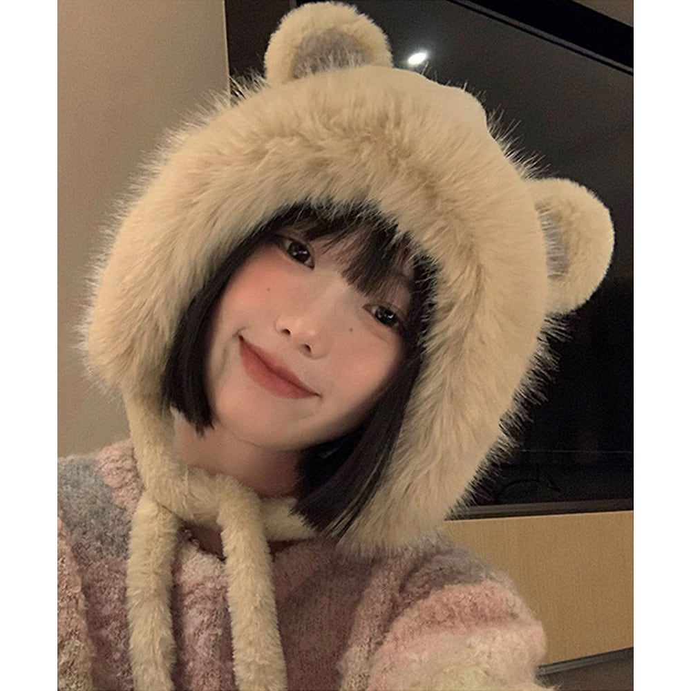 くま耳 ファー ハット レディース 韓国 帽子 防寒 保温 おしゃれ 大人 かわいい 暖かい 柔らかい 小顔 ふわふわ ポンポン付き 大人可愛い 大人女子