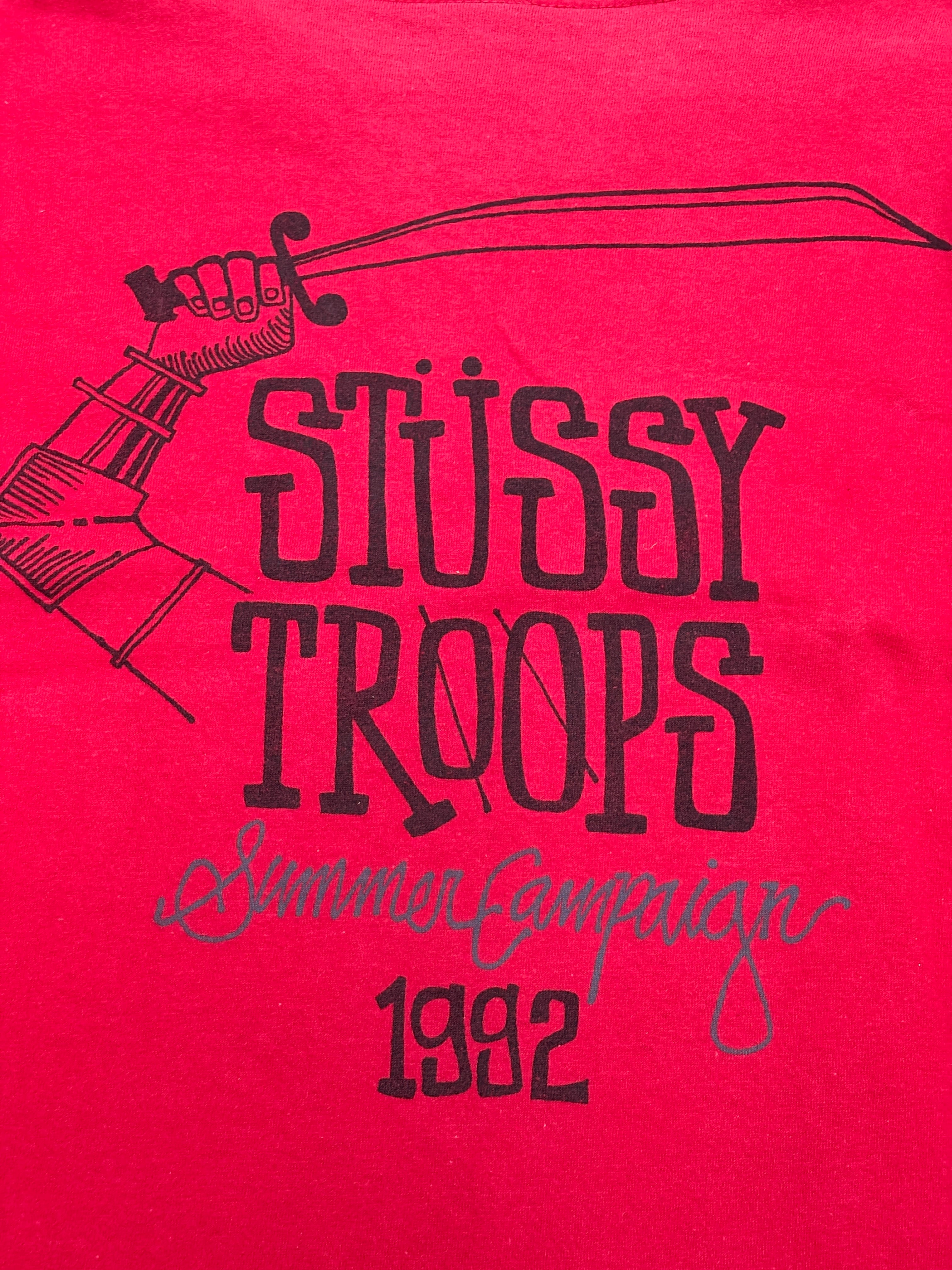90s OLD STUSSY/STUSSY TROOPS print Tee/USA製/黒タグ/L/ロゴプリント