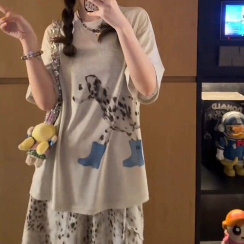 【2点セット】アニマルモチーフオーバーサイズTシャツ＋アシメヘムシフォンスカート ・77957