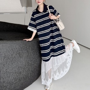 STRIPED LACE COLLAR SHORT SLEEVE MAXI DRESS M-17651