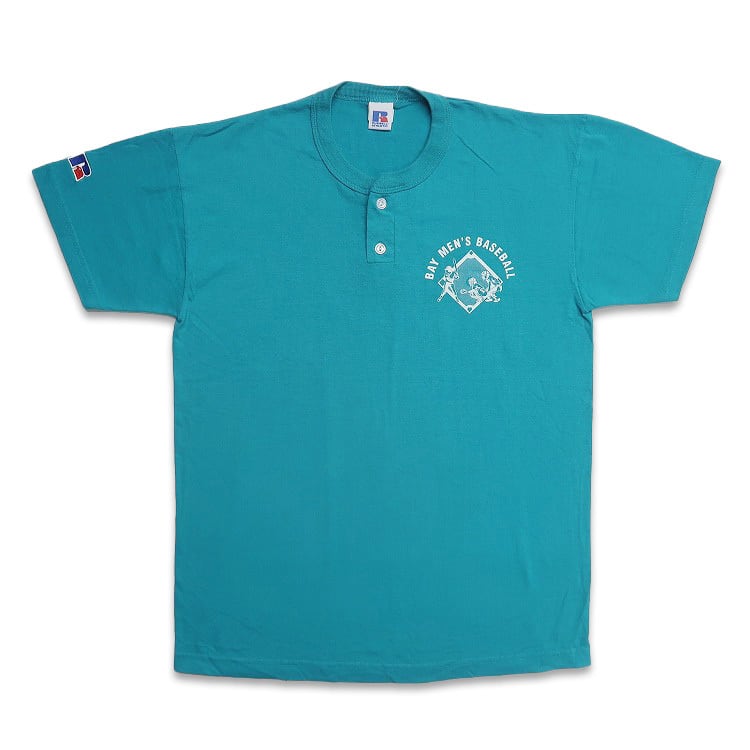 古着 ラッセル RUSSELL ヘンリーネック プリントTシャツ ターコイズ