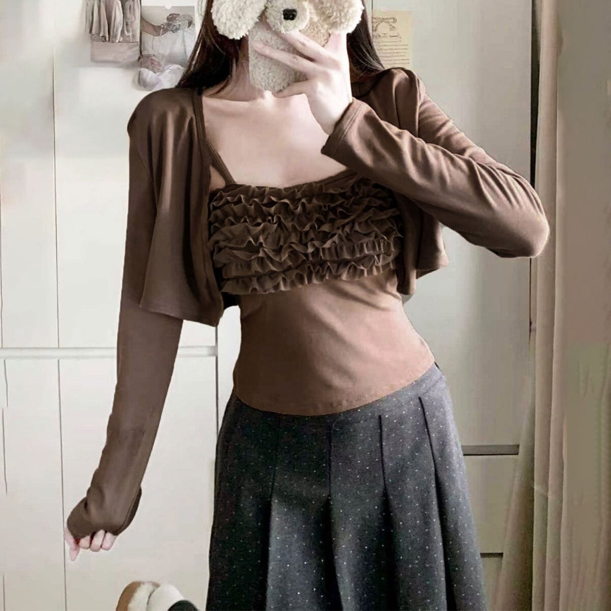 レディース トップス 2点セット カーディガン キャミソール 春秋 韓国 きれいめ 大人 カジュアル かわいい フェミニン カップ付き アンサンブル フリルキャミソール 長袖カーディガン 大人可愛い 大人女子