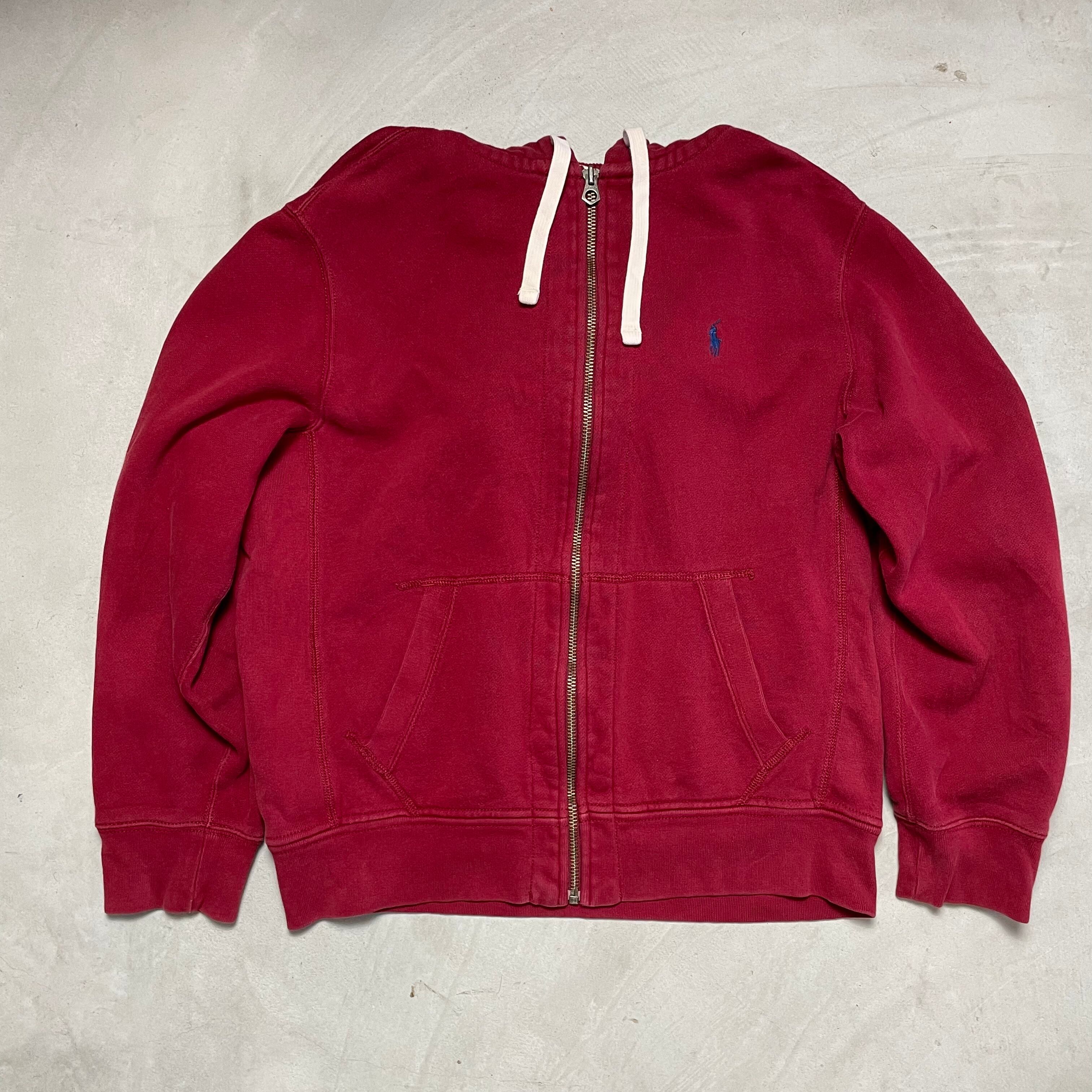 Polo by Ralph Lauren ラルフローレン ワンポイント ロゴ刺繍 フルジップ スウェットパーカー 無地 レッド メンズL 古着 【スウェット】