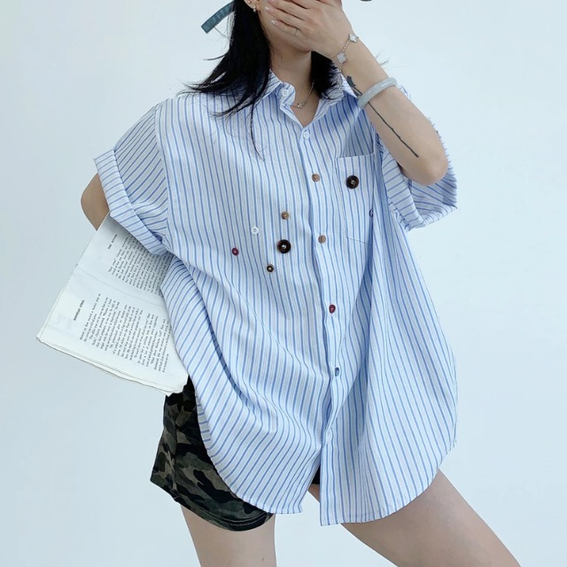 blue stripe multi-button short-sleeve shirt　ブルーストライプマルチボタン半袖シャツ　J2090