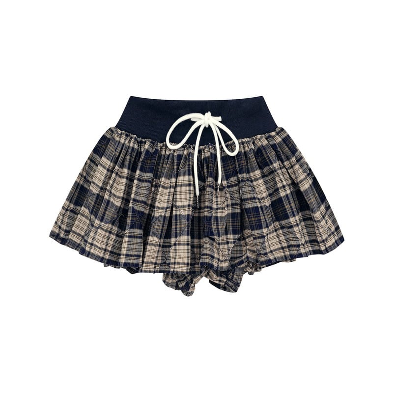 short drawstring plaid retro skirt m0642