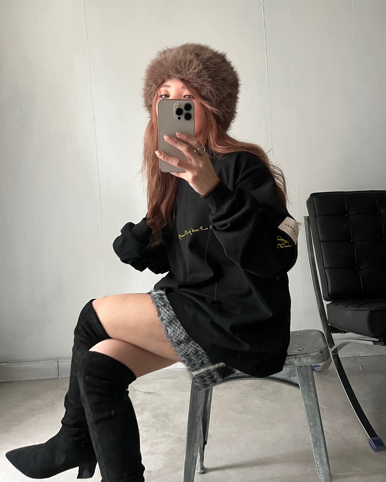 【HIDE AND SEEK 24-25NEW/REVAIVAL】Patch layered designロンTスウェット／ブラック