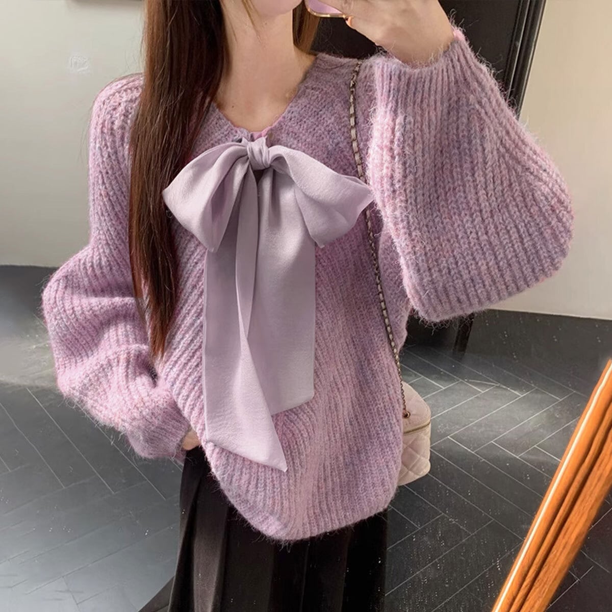 ビッグリボン ニット 長袖 トップス レディース 春秋冬 韓国 前後2way きれいめ 大人 かわいい おしゃれ フェミニン カジュアル ゆったり ローケージニット セーター 体型カバー 大人可愛い 大人女子