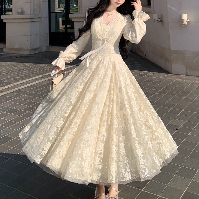 【dress】Vネックロングレースワンピース Q7563