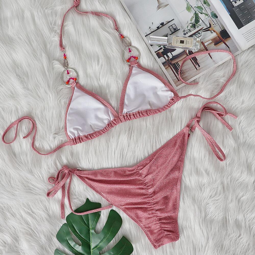 ビキニ水着 水着 ビキニ 三角水着 紐 ラメ ホルターネック 谷間見せ