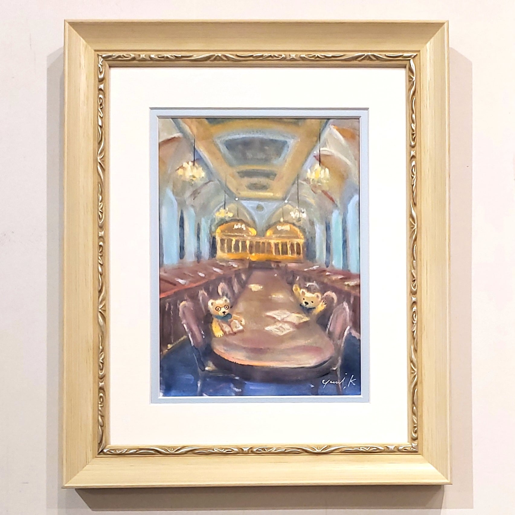 絵画 ｢クマ達のパティスリー｣ 19×14cm 水彩/パステル 額付き 神之浦