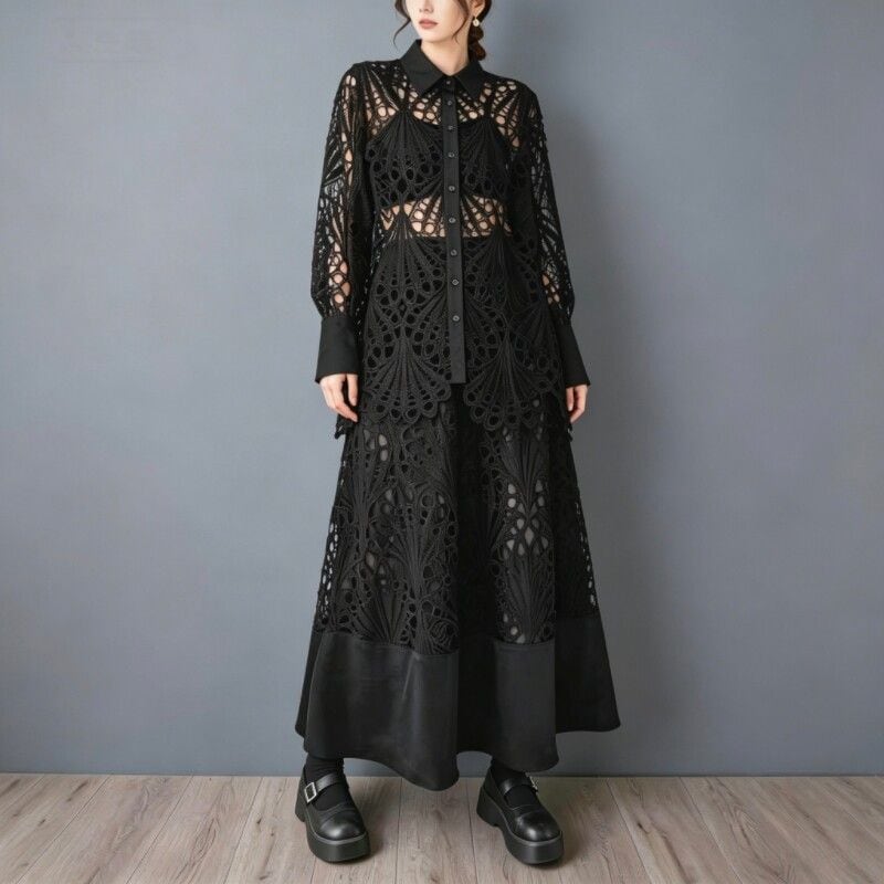LACE CUTOUT SHIRT AND SKIRT SETUP M-17928