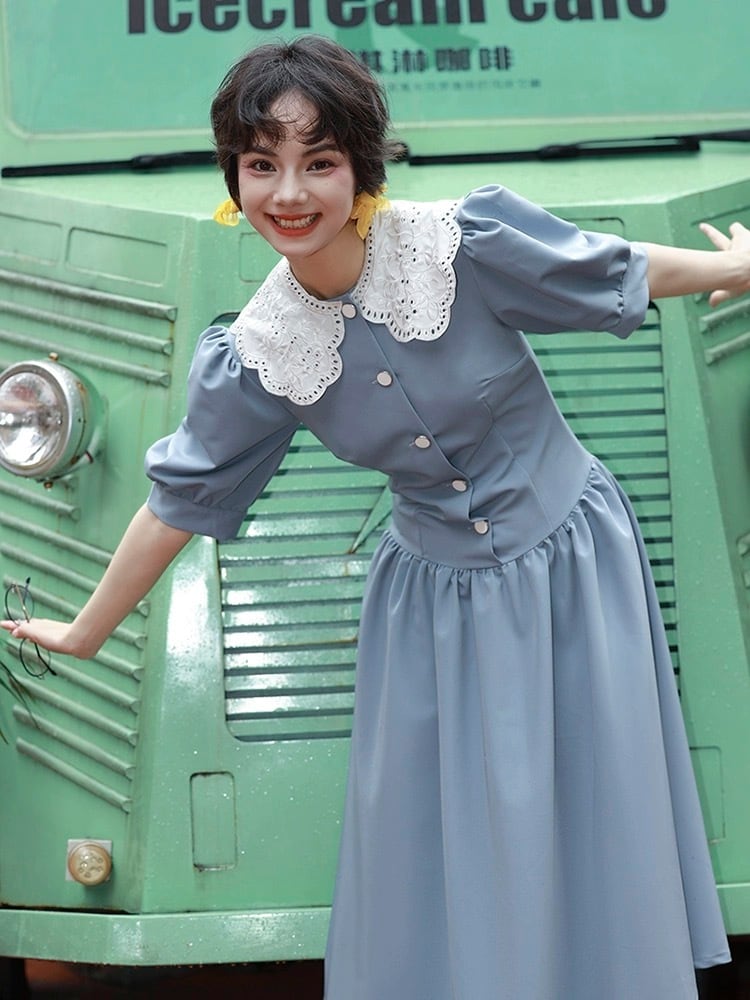 水色 クラシック ガーリー レトロ 丸襟クラシック ガーリー レトロ