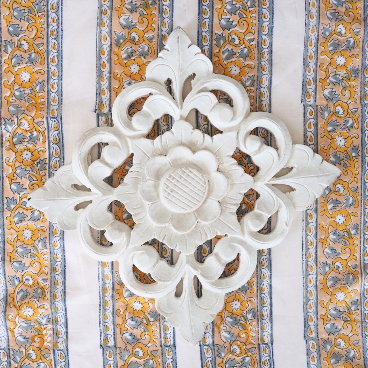 ブロックプリント生地【50cm単位】インド綿 ストライプ柄 白×カーキ×黄色 #22949-GR2