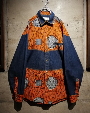 【Caka】African Batik × Denim Switching Vintage L/S Shirt