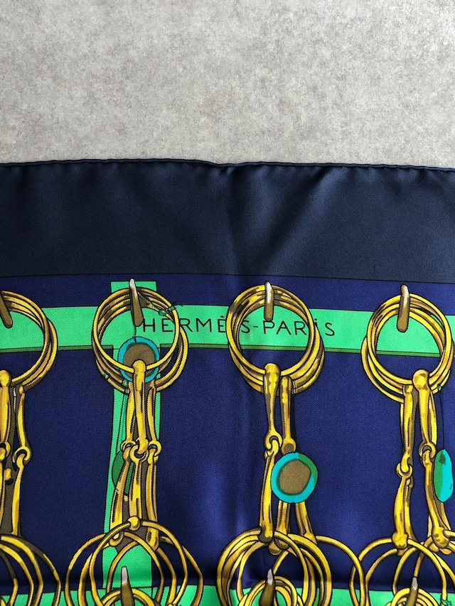 HERMES エルメス スカーフ ネイビー ホースビット カレ90 シルク Mors & Filets vintage ヴィンテージ オールド uk668y